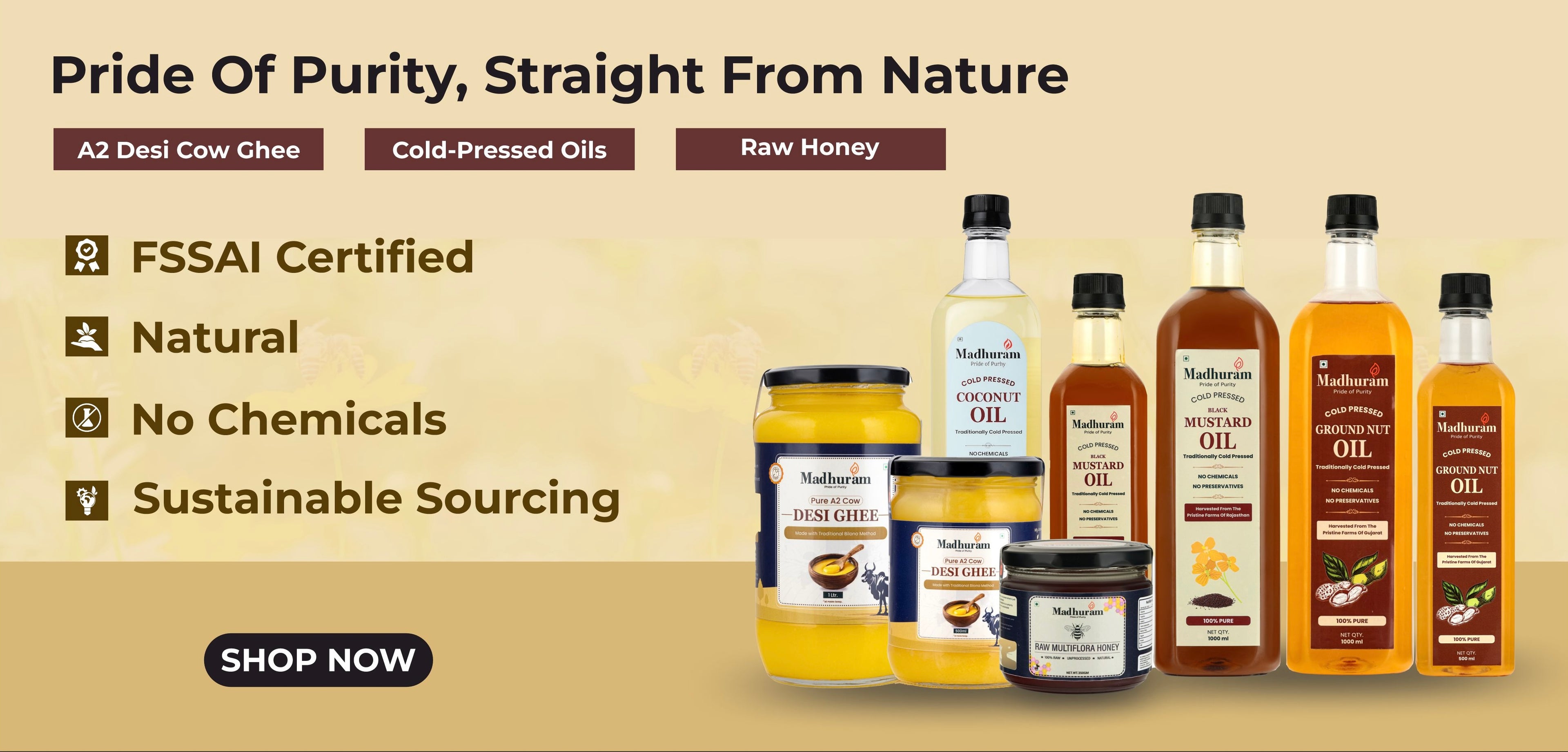Beverage bottles with labels on a beige background, featuring text about product attributes.